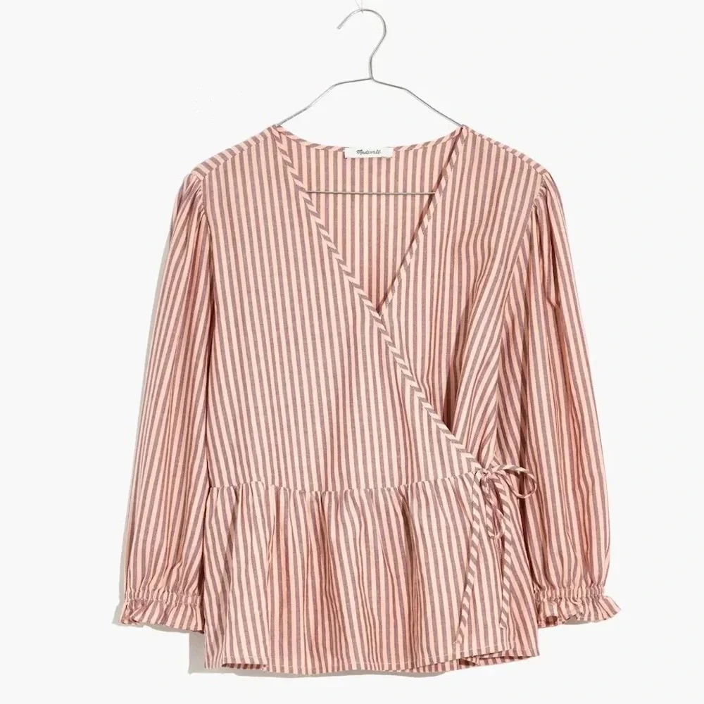 NWT Madewell Puff-Sleeve Peplum Wrap Top in Stripe XXS Style MC794 Fall 2021